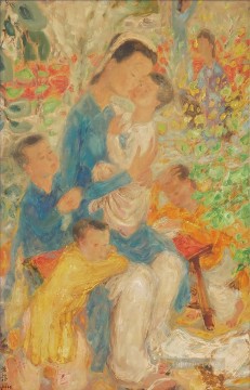 庭にいる女性と子供たち アジア人 Oil Paintings